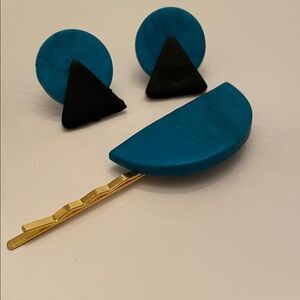 Teal and Black Geometric Hair Clip and Earring Set